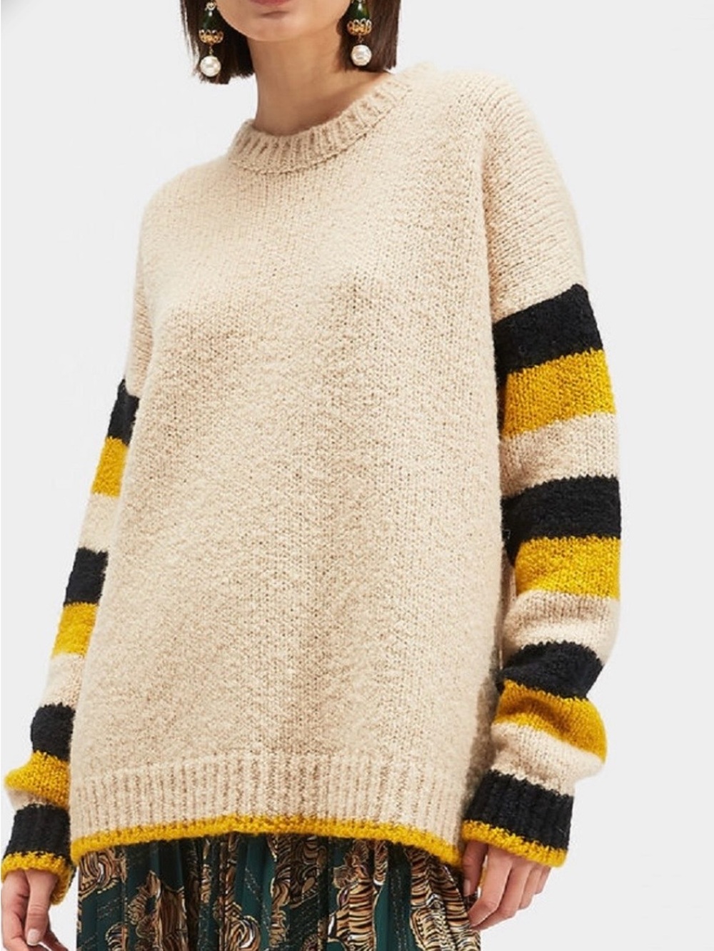 La Double J 100% Wool Crew Boy Striped-Sleeve Sweater